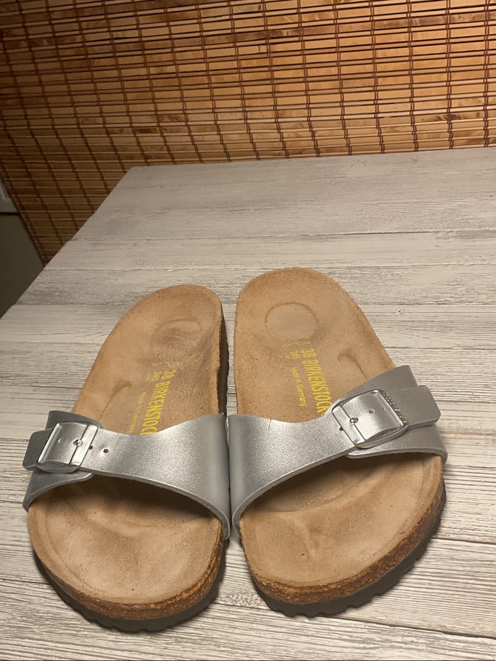 Birkenstock MADRID Buckle Metallic Silver Leather Slip On Sandals Shoes 38